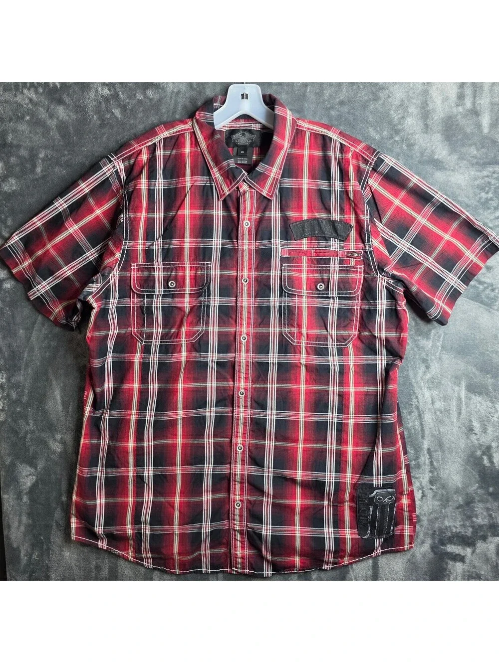 Harley Davidson Men's Red and Black Plaid Short Sleeve Snapped, Siz 2XL